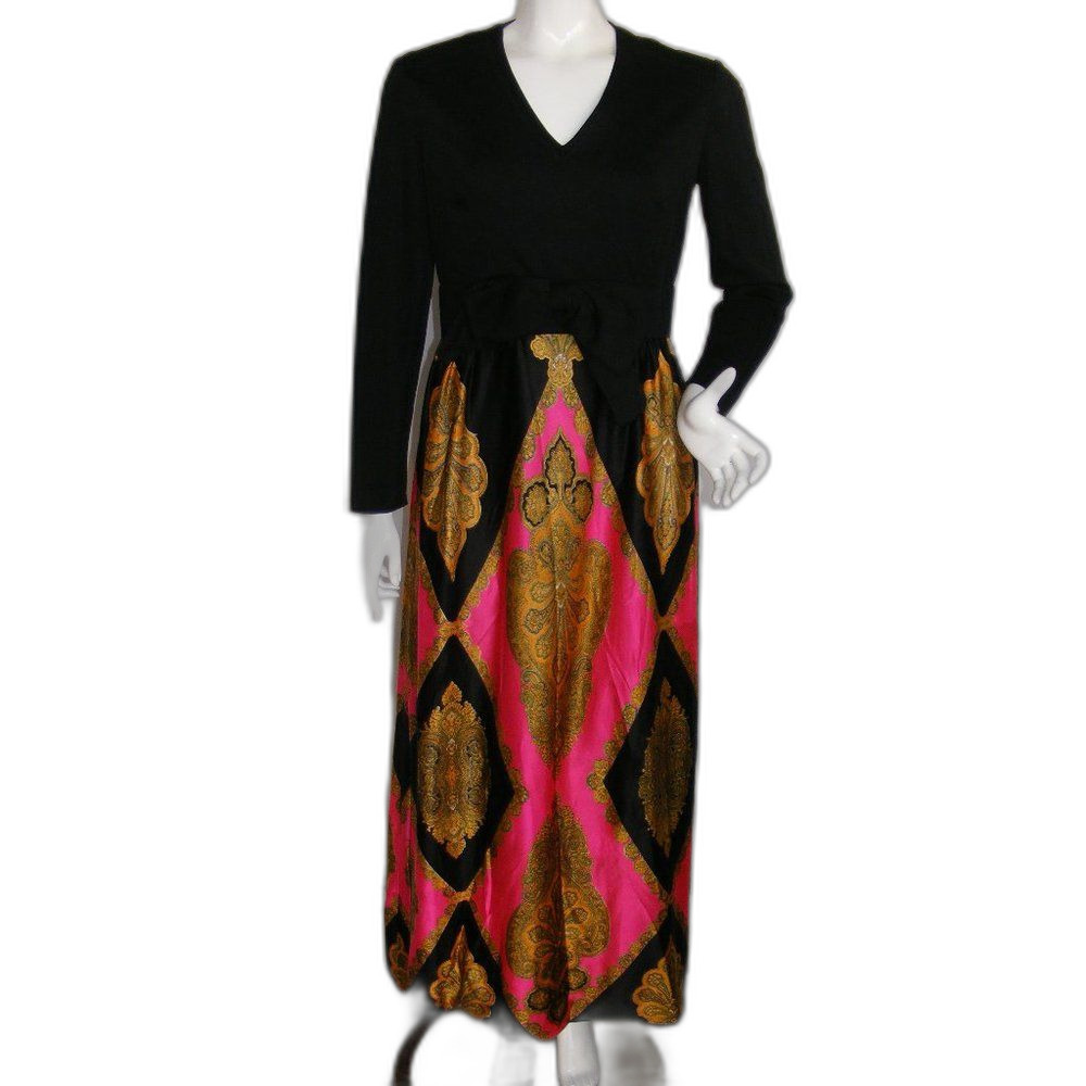 VINTAGE Hostess Dress, S, Black Top, Hot Pink Maxi Skirt, Lined, Long sleeves